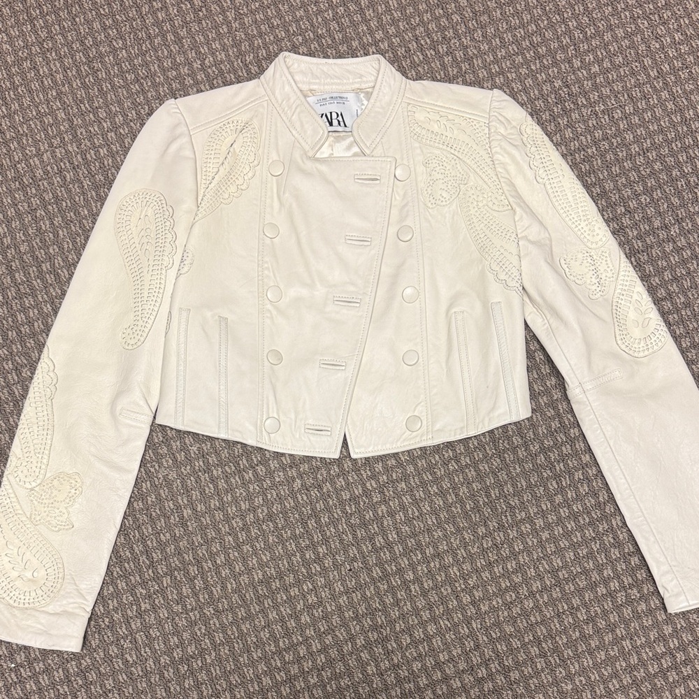 Zara Ivory Leather Jacket with leather accents sz S - Picture 1 of 4